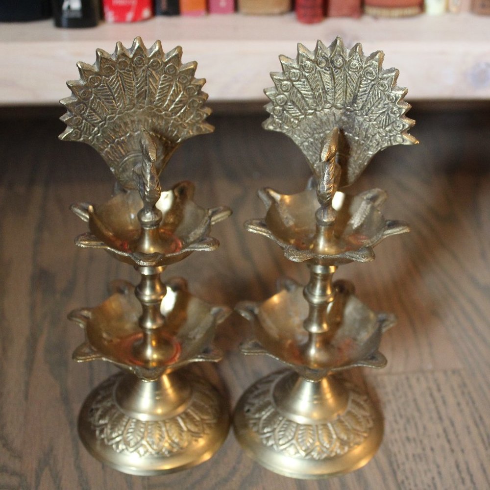 New 2 pc dheepam oil lamps 7.5" brass peacock Diya decor Pooja Puja
